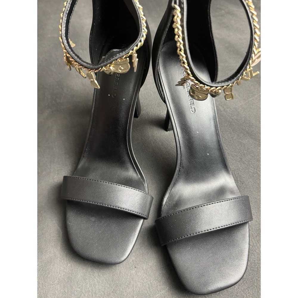 Karl Lagerfeld Black High Heel Ankle-Strap Shoes with Gold Charm Chain size 8.5M